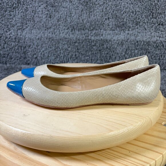 Ann Taylor Ballet Flats Womens Size 8.5 Leather Pointed Cap Toe Beige Blue - Picture 1 of 9